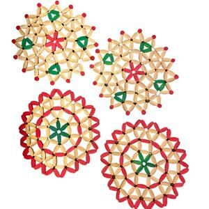 Christmas Bamboo Round Hot Plate Pads Trivets Placemats Retro Green Red MCM